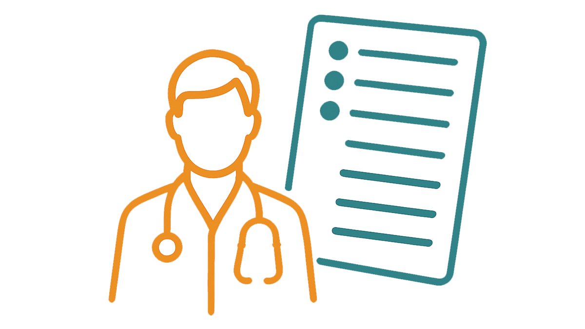 En enkel strektegning av en legefigur til venstre og et dokument til høyre. Dokumentet viser en punktliste ned flere tomme linjer nederst - Klikk for stort bilde