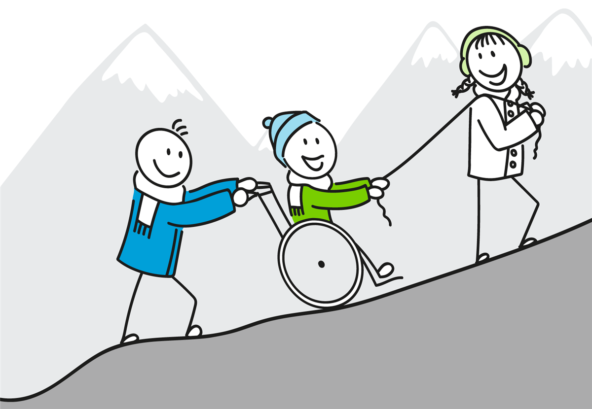 Tegning - mennesker på tur i fjellet med rullestol - Klikk for stort bilde