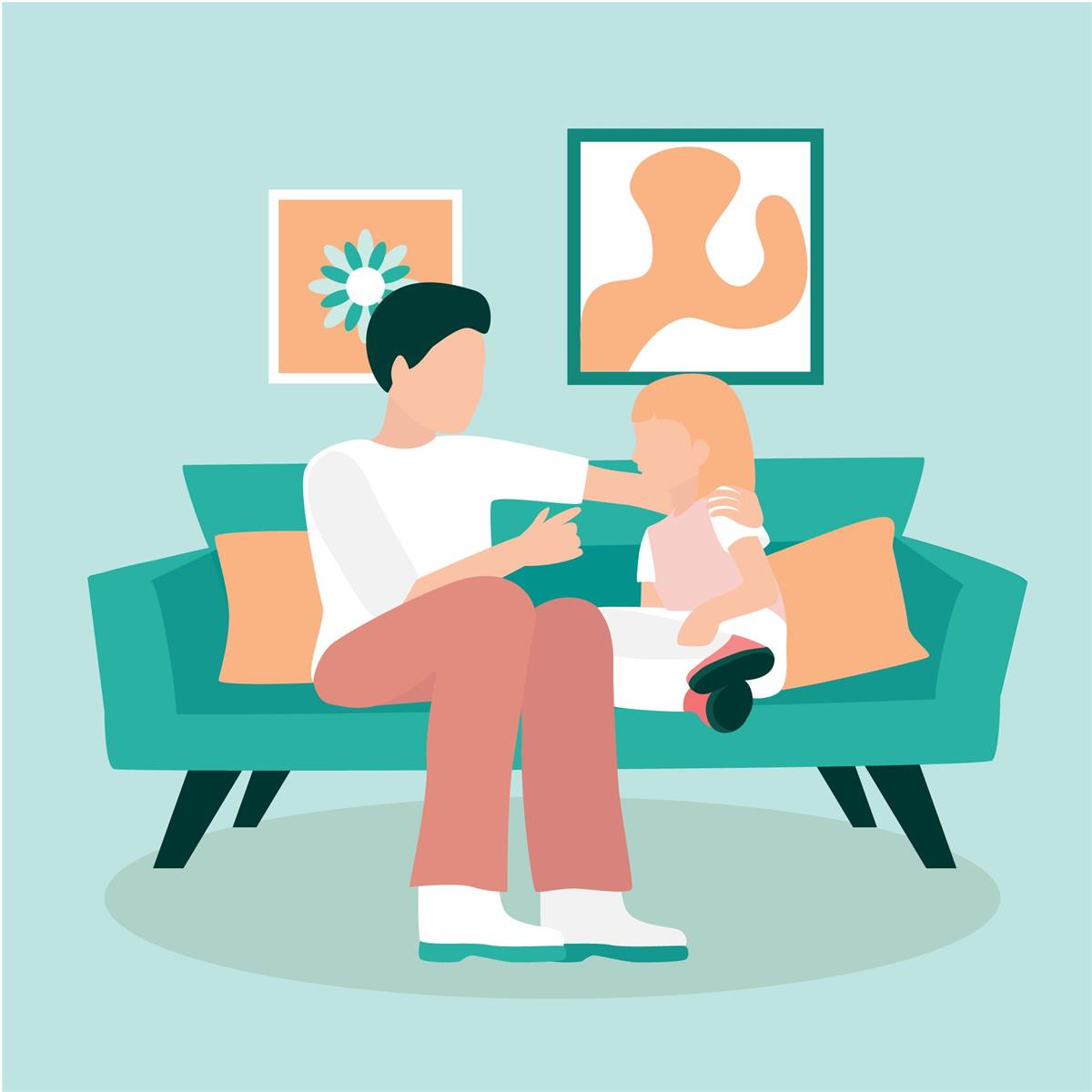 Tegning av en forelder og et barn som sitter og snakker sammen i en sofa. Forelderen har en hånd på skulderen til barnet. - Klikk for stort bilde