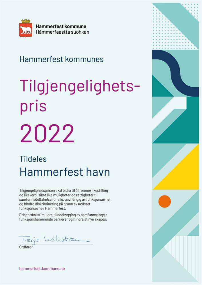 Diplom: Hammerfest kommunes Tilgjeng­elighets­pris  2022   Tildeles Hammerfest havn - Klikk for stort bilde