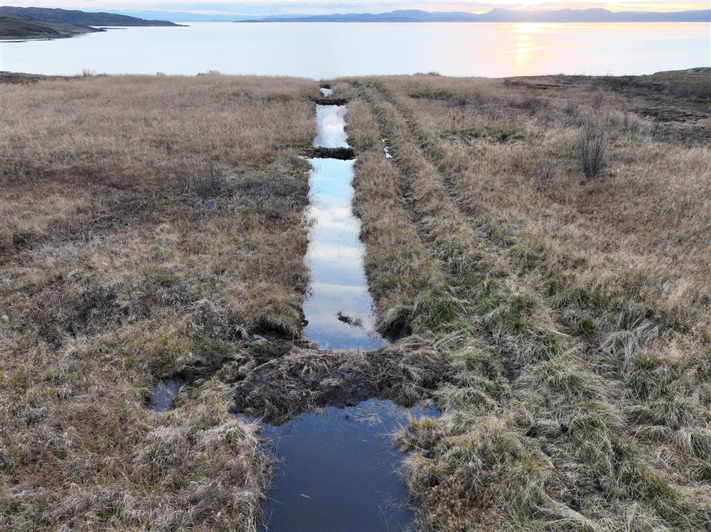 Restaurert myrområde med vannfylte grøfter, med fjord og fjell i bakgrunnen. - Klikk for stort bilde