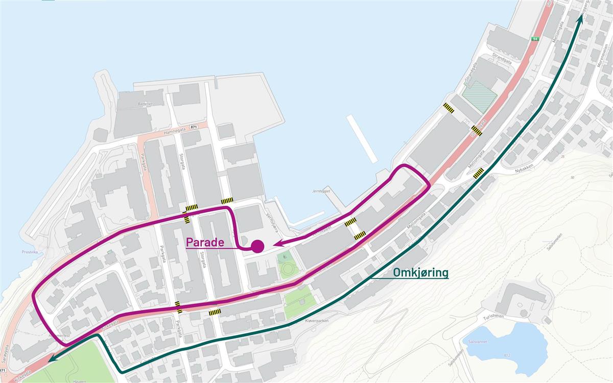 Kart som viser traseen til Pride-paraden - Klikk for stort bilde