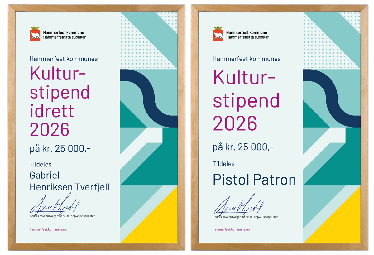 Innrammet diplom fra Hammerfest kommune: «Kulturstipend idrett 2026, kr 25 000, tildeles Gabriel Henriksen Tverfjell» og «Kulturstipend 2026, kr 25 000, tildeles Pistol Patron» - Klikk for stort bilde