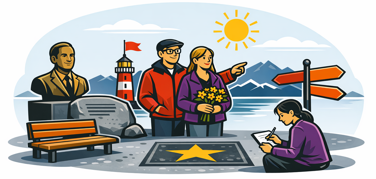 Enkel illustrasjon av offentlig hedring med statue, minneplate, benk og personer som legger ned blomster og sender inn forslag i et kystlandskap. - Klikk for stort bilde