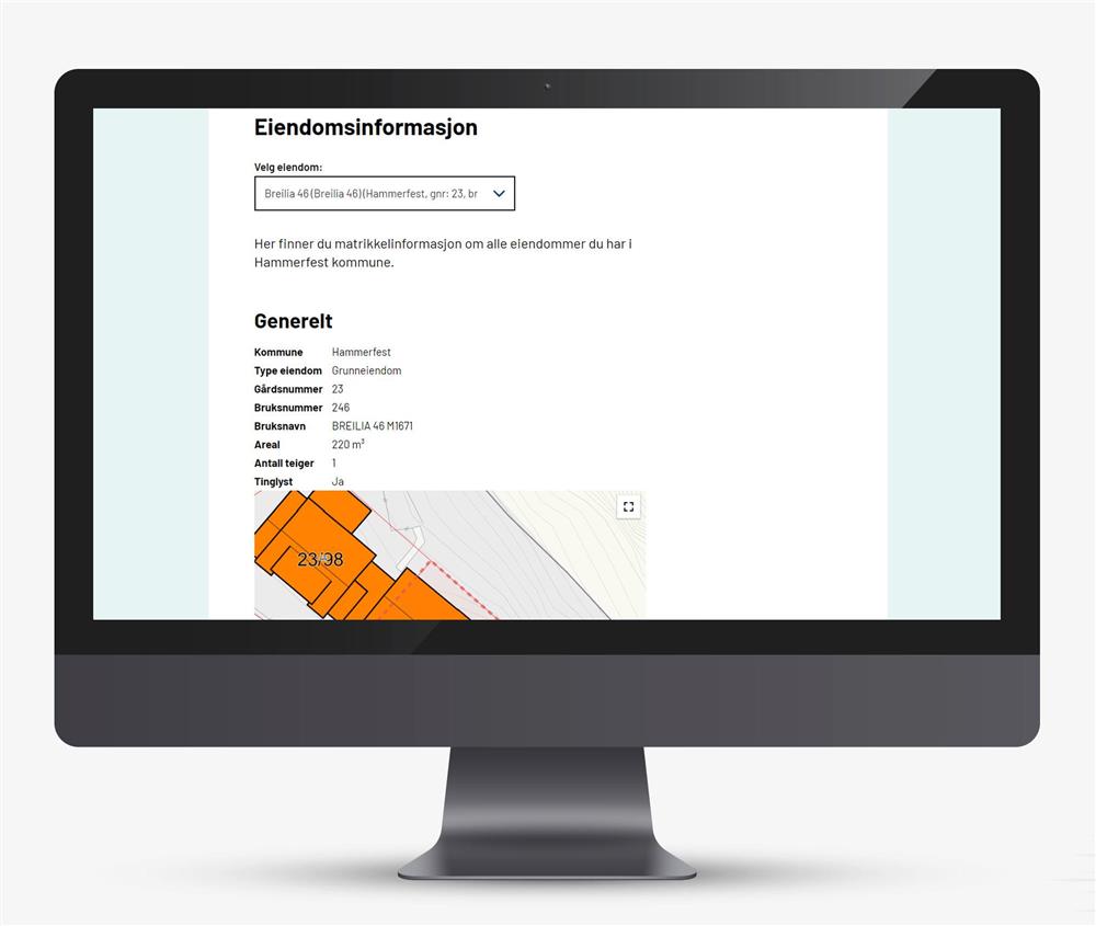 PC-skjerm med eiendomsinformasjon - Klikk for stort bilde
