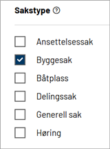 Skjermklipp som viser at "Byggesak" er valgt under "Sakstype" - Klikk for stort bilde