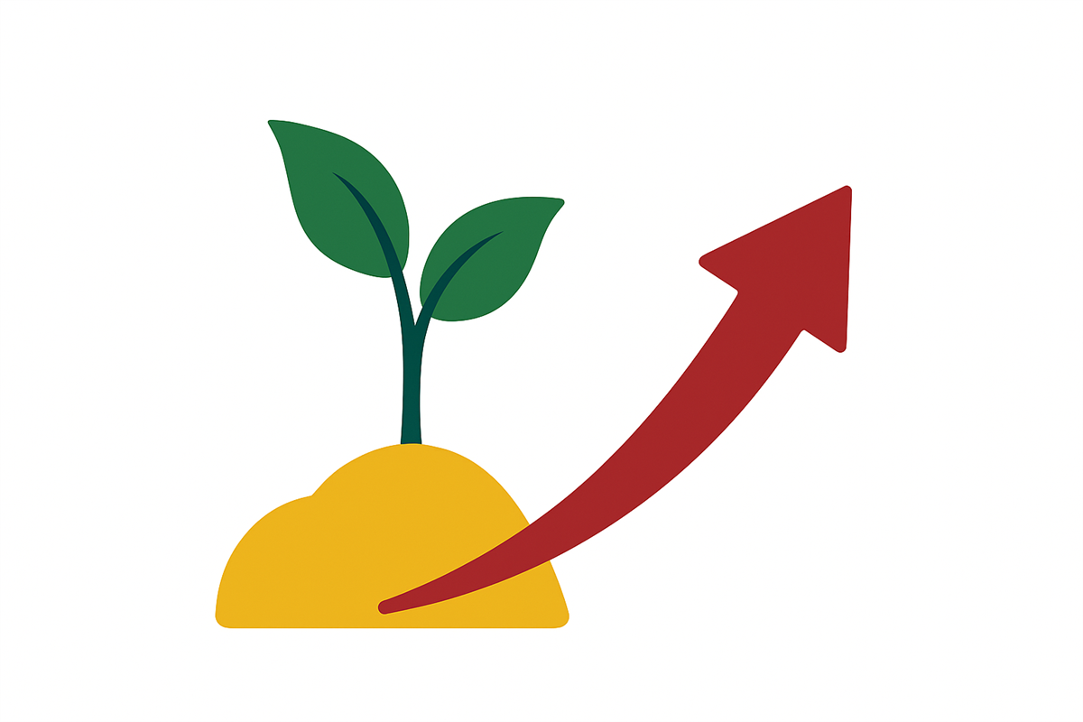 En enkel illustrasjon av en spire som vokser opp fra en gul bakke, med en rød pil som peker oppover - Klikk for stort bilde