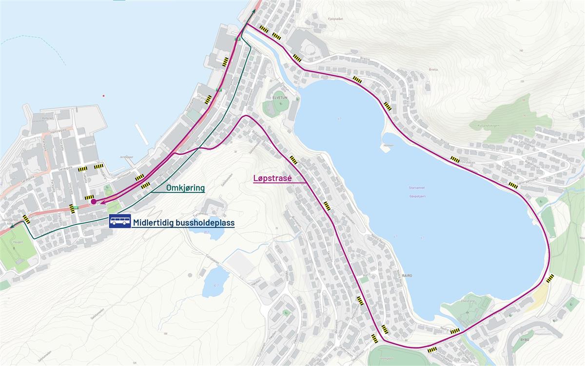 Kart som viser omkjøring i Hammerfest sentrum - Klikk for stort bilde