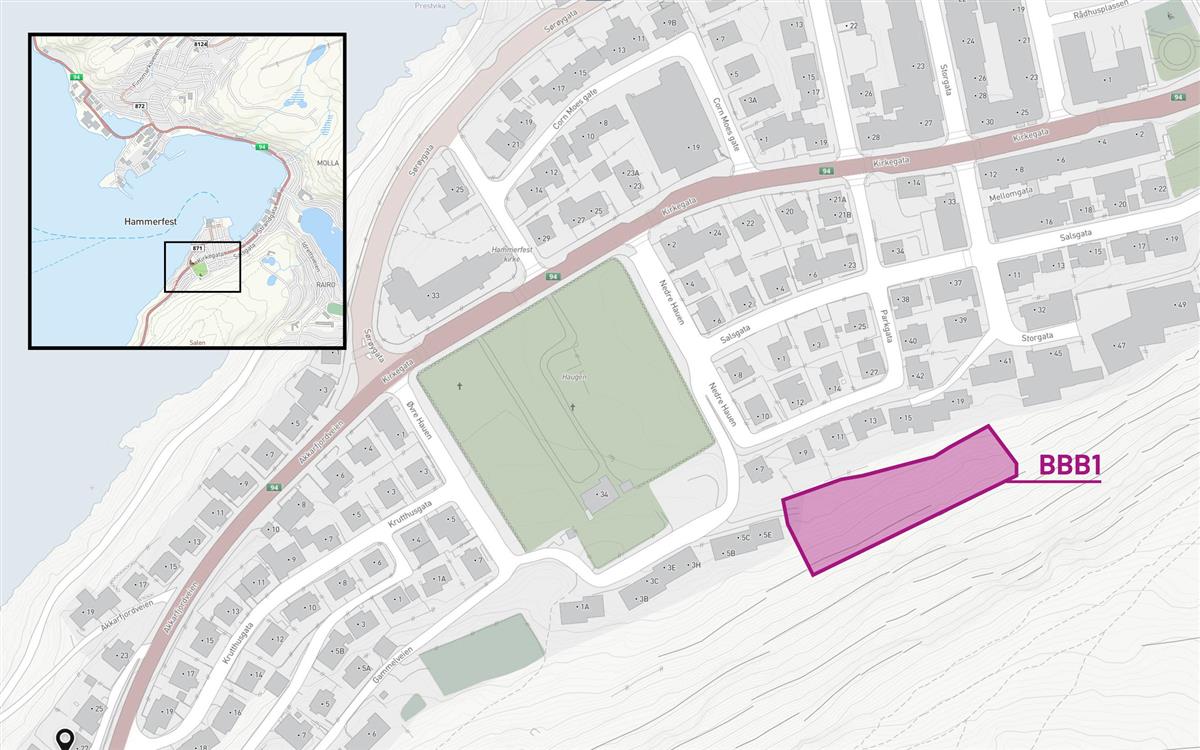 Kart som viser plasseringen av område BBB1 i Hammerfest sentrum - Klikk for stort bilde