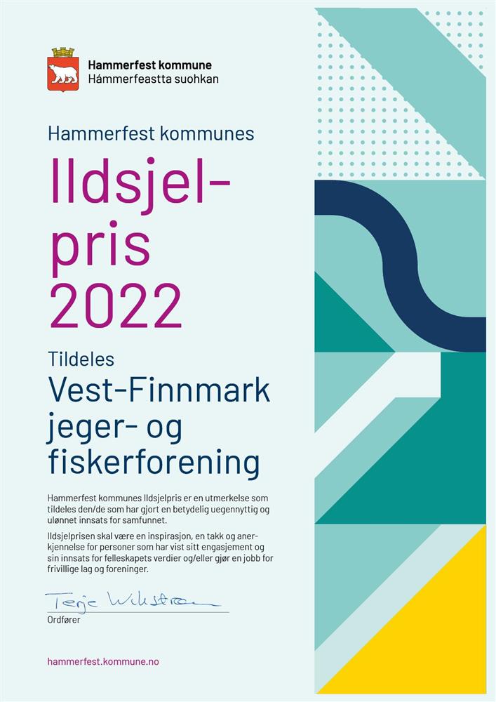 Diplom: Hammerfest kommunes Ildsjel­pris 2022  Tildeles Vest-Finnmark  jeger- og fiskerforening - Klikk for stort bilde
