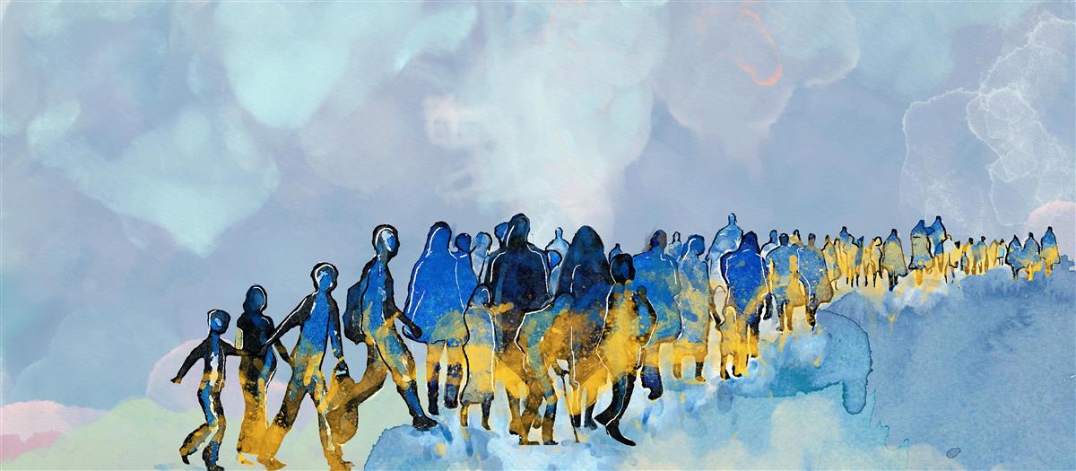 Tegning av flyktninger i gult og blått - Klikk for stort bilde