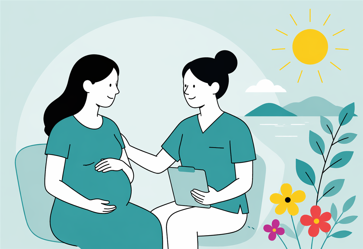 Illustrasjon av gravid person som sitter i stol og snakker med en jordmor med nettbrett. - Klikk for stort bilde