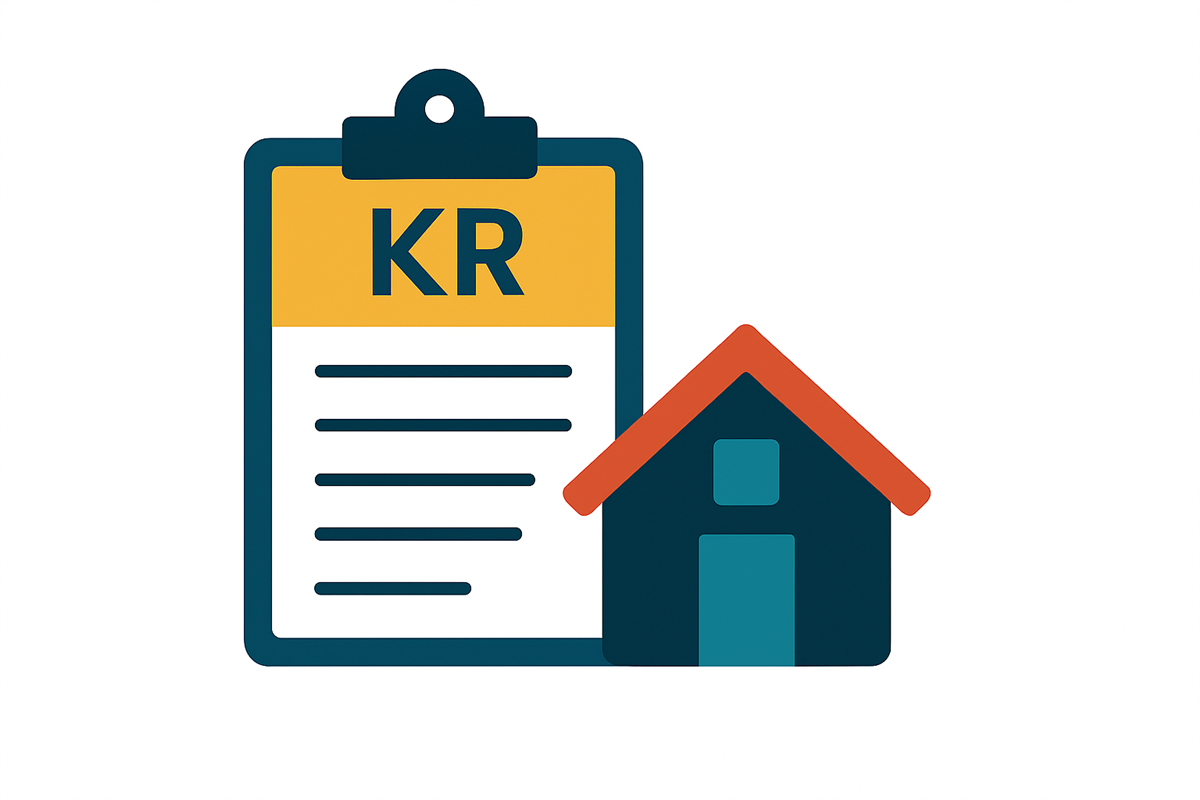  En enkel illustrasjon av et ark på et skrivebrett med “KR” øverst, ved siden av et hus med hvitt bakgrunn. - Klikk for stort bilde
