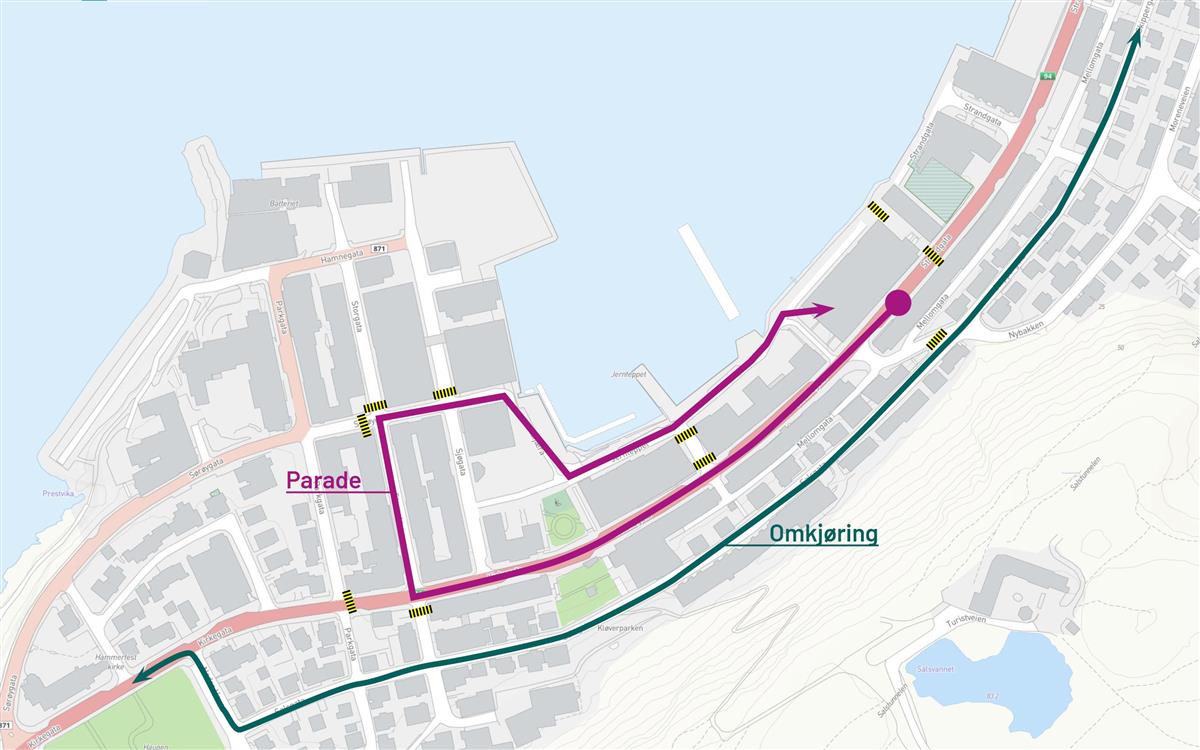Kart som viser omkjøring i Hammerfest sentrum - Klikk for stort bilde