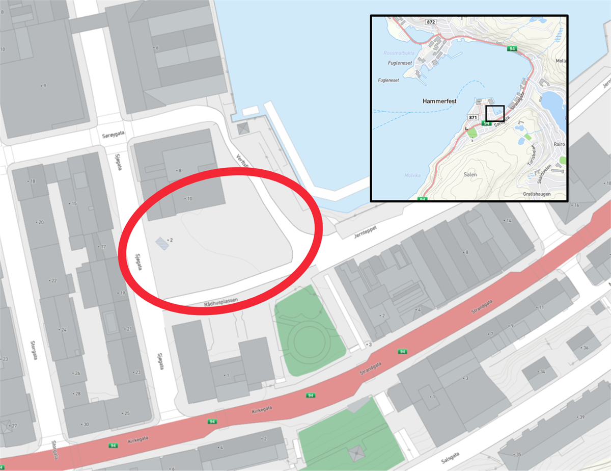 Kartskisse som viser rådhusplassen i Hammerfest sentrum - Klikk for stort bilde
