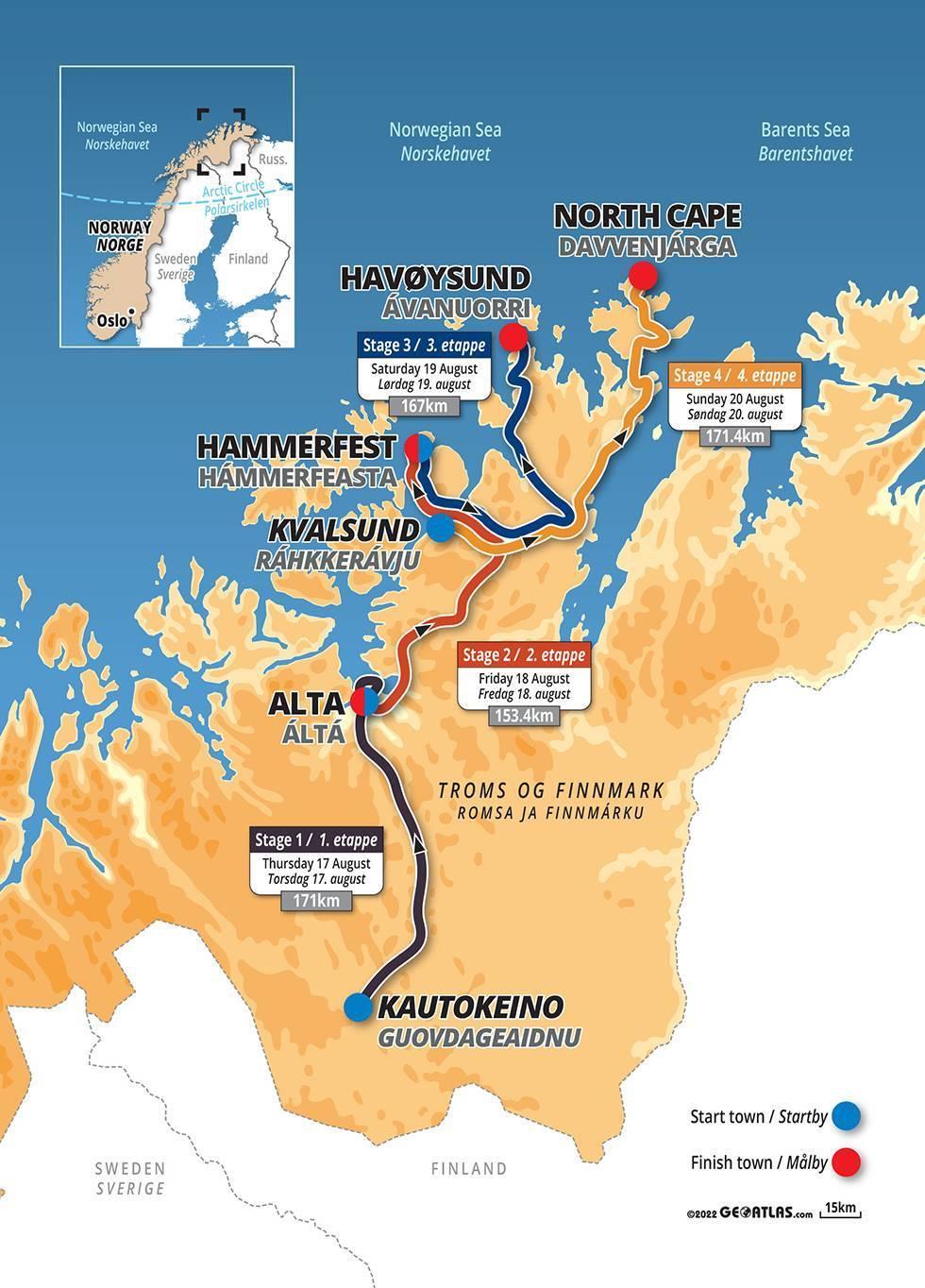 Kart som viser løypetraséene for Arctic Race of Norway 2023 - Klikk for stort bilde