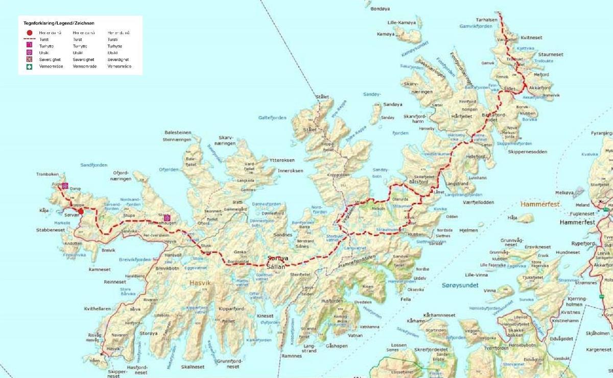 Kart over tursti Sørøya på langs - Klikk for stort bilde