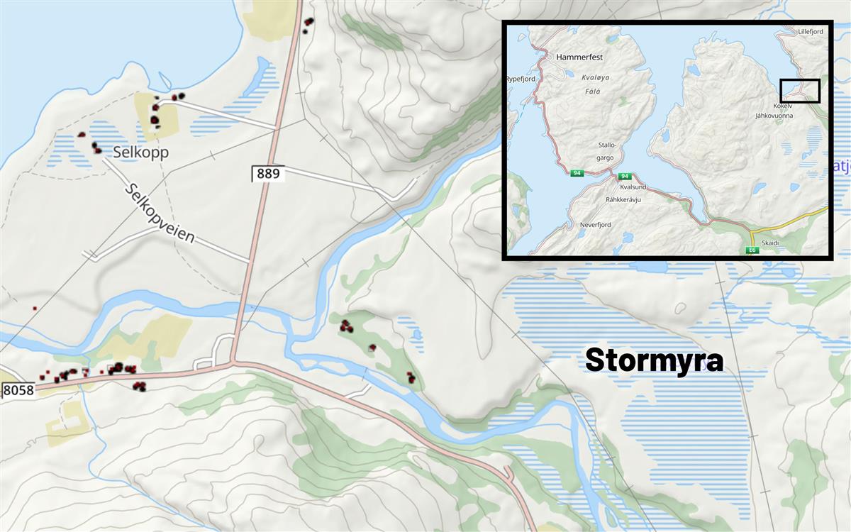 Kart som viser plasseringen av Stormyra ved Kokelv - Klikk for stort bilde
