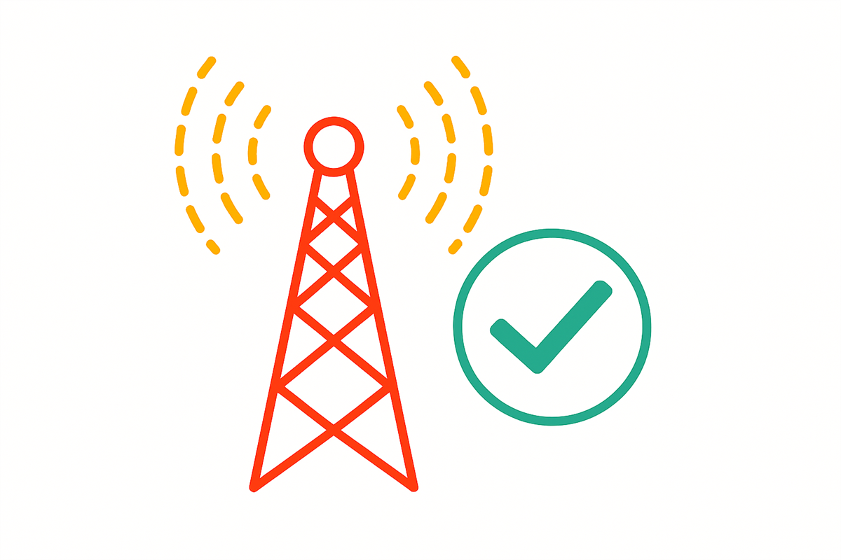 En enkel strektegning av en mobilmast med signalbølger og et stort grønt hake-symbol som viser at feilen i mobildekningen er rettet. - Klikk for stort bilde