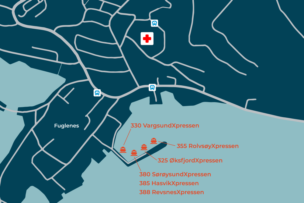 Kart som viser plassering av midlertidig hurtigbåtanløp ved Fuglenes i Hammerfest - Klikk for stort bilde