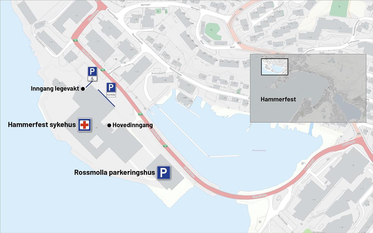 Kart som viser plasseringen av legevakta på Hammerfest sykehus på Rossmolla - Klikk for stort bilde