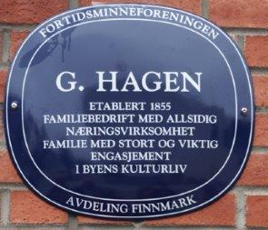 Blått skilt: G. Hagen - Klikk for stort bilde
